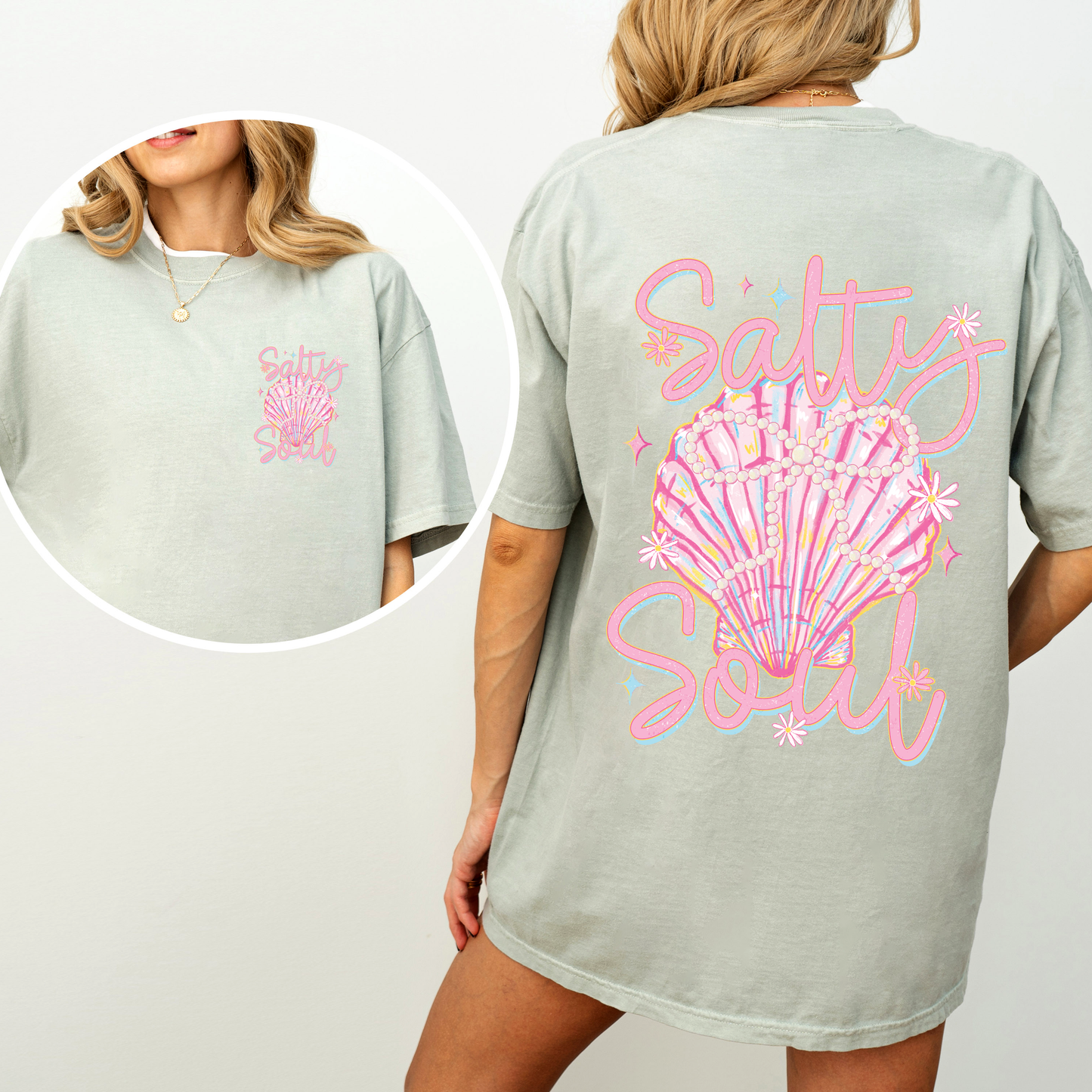 Salty Soul, Beach, Pearls, Summer, Seashell, Stay Salty, Front and Back, Comfort Colors T-Shirt
