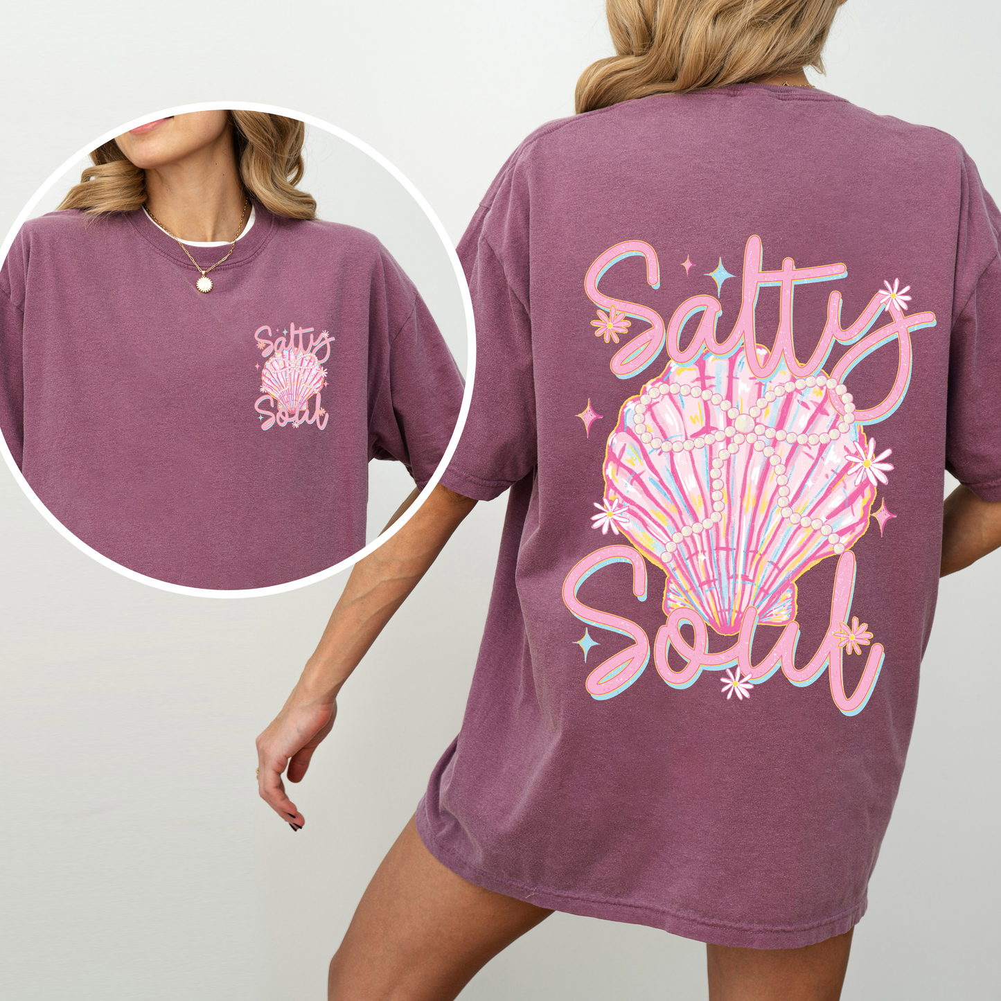 Salty Soul, Beach, Pearls, Summer, Seashell, Stay Salty, Front and Back, Comfort Colors T-Shirt