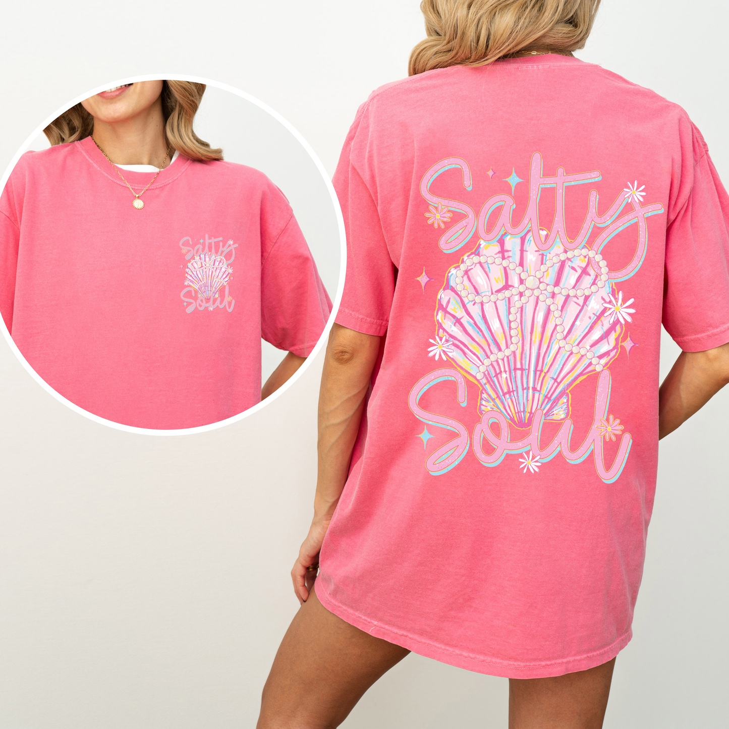 Salty Soul, Beach, Pearls, Summer, Seashell, Stay Salty, Front and Back, Comfort Colors T-Shirt