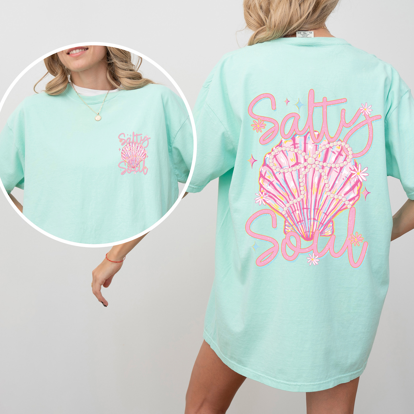 Salty Soul, Beach, Pearls, Summer, Seashell, Stay Salty, Front and Back, Comfort Colors T-Shirt