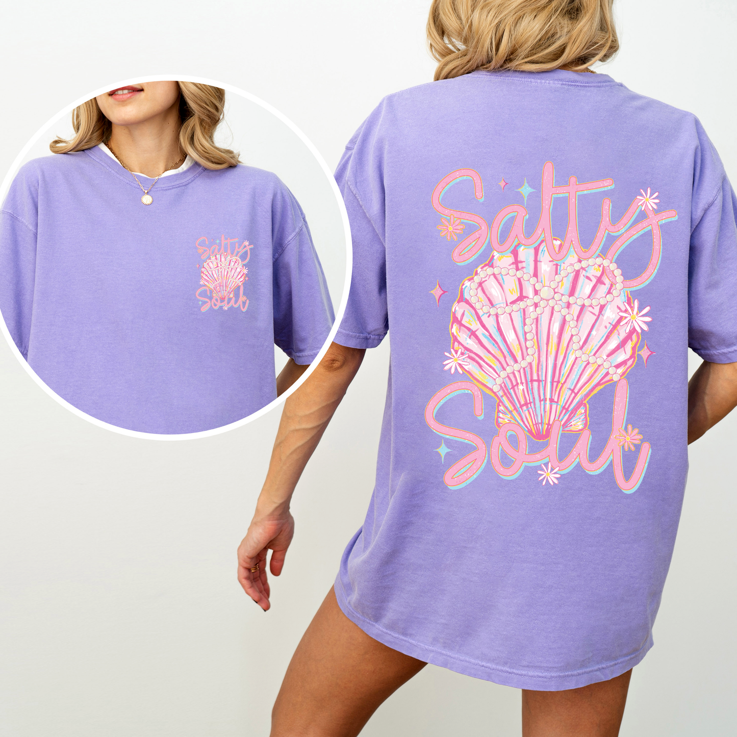 Salty Soul, Beach, Pearls, Summer, Seashell, Stay Salty, Front and Back, Comfort Colors T-Shirt