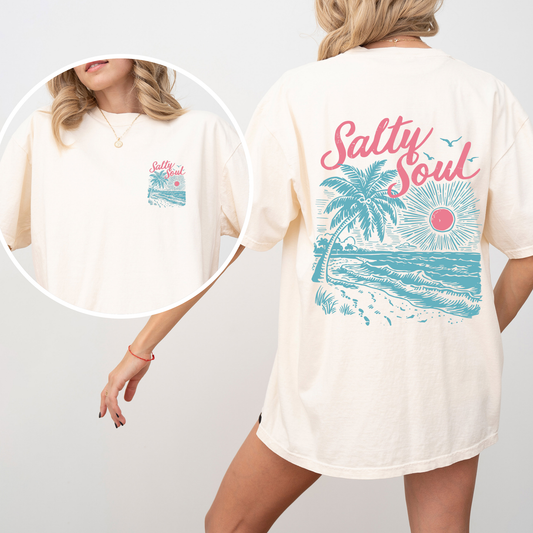 Salty Soul, Beach, Sunset, Palm Trees, Summer, Front and Back, Comfort Colors T-Shirt