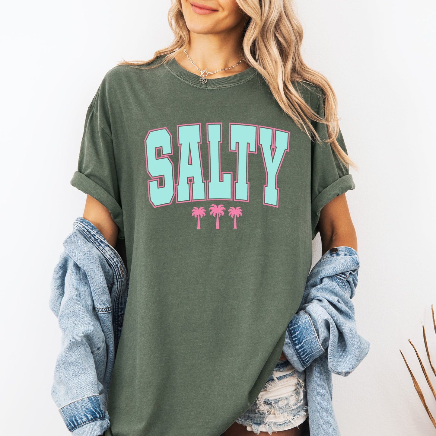 Salty, Palm Trees, Retro, Varsity, Summer, Beach, Comfort Colors T-Shirt