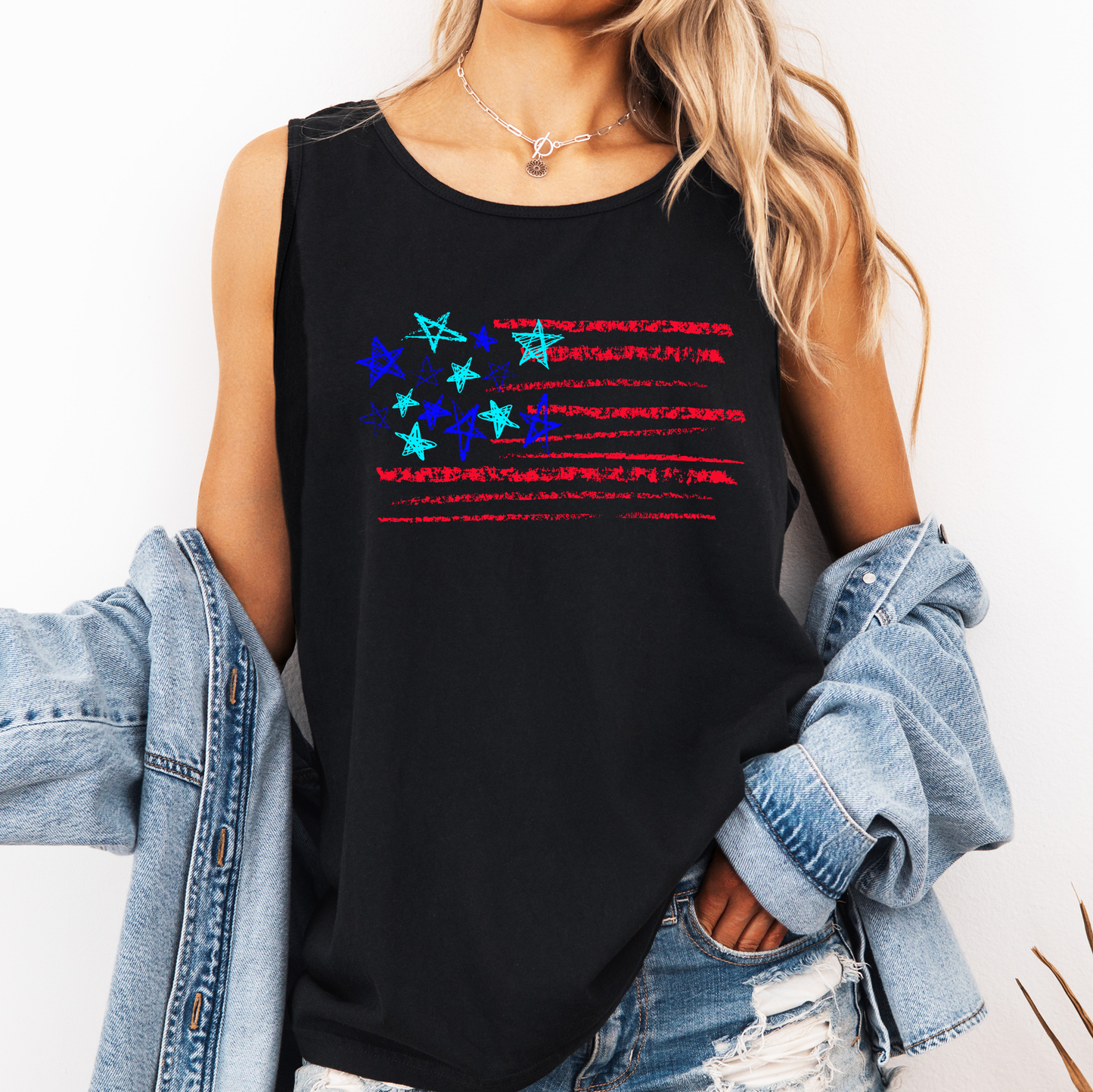 Sketched Flag, Fourth of July, America, Patriotic, USA Comfort Colors Tank Top