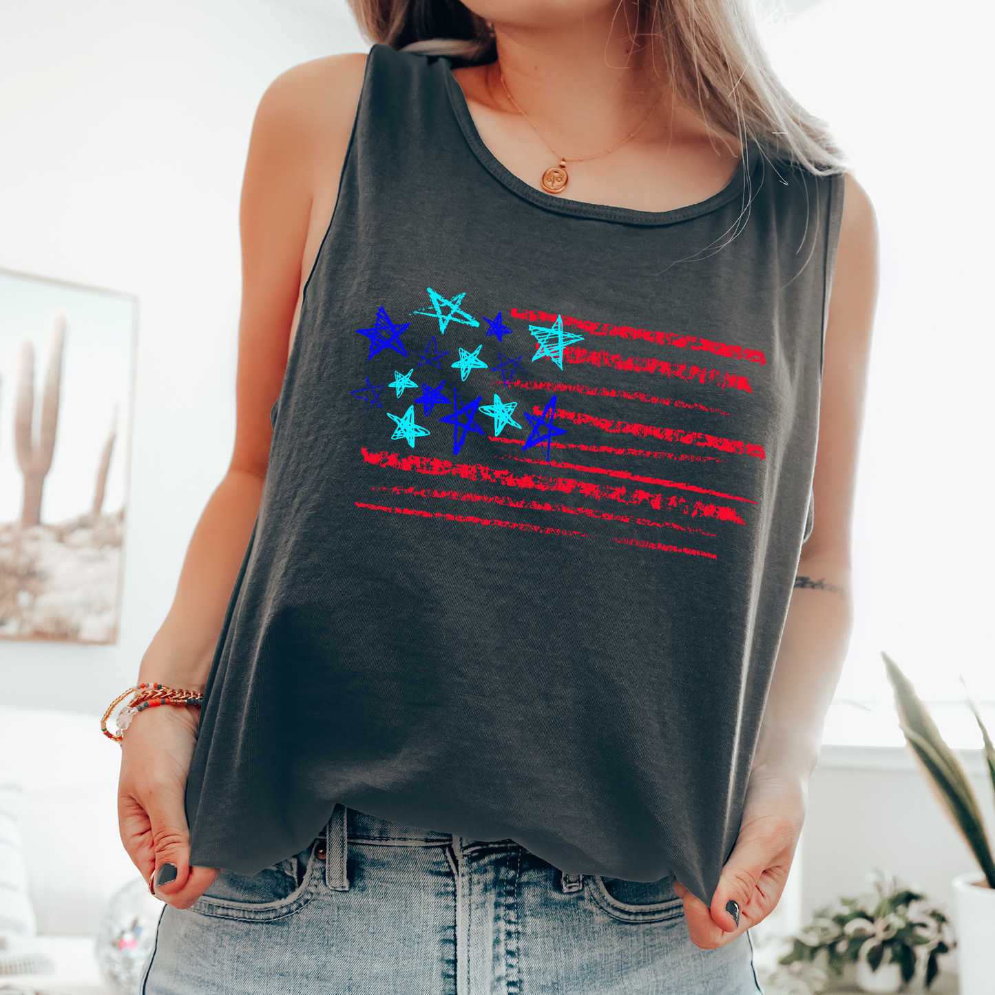 Sketched Flag, Fourth of July, America, Patriotic, USA Comfort Colors Tank Top