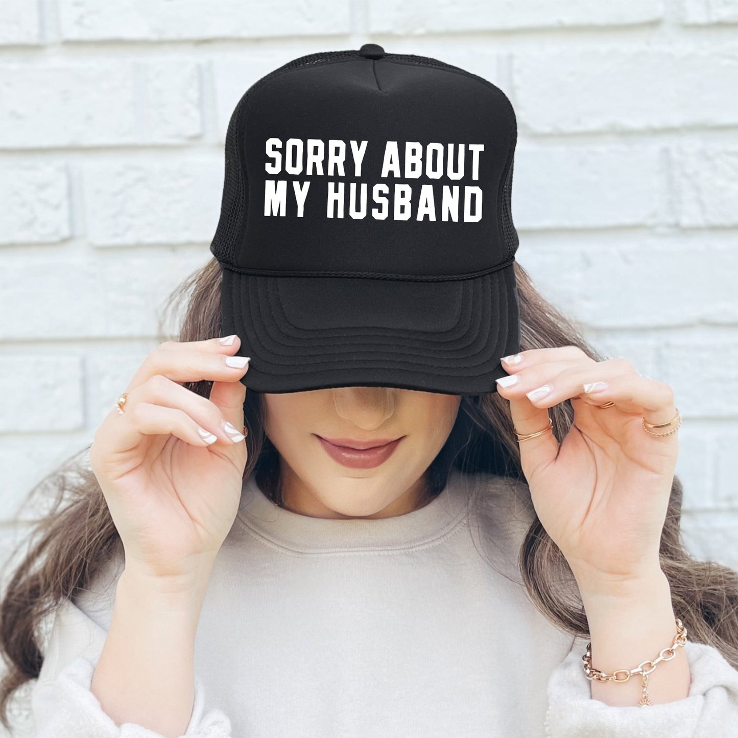 Sorry About My Husband, Sassy, Funny, Black Snapback Trucker Hat