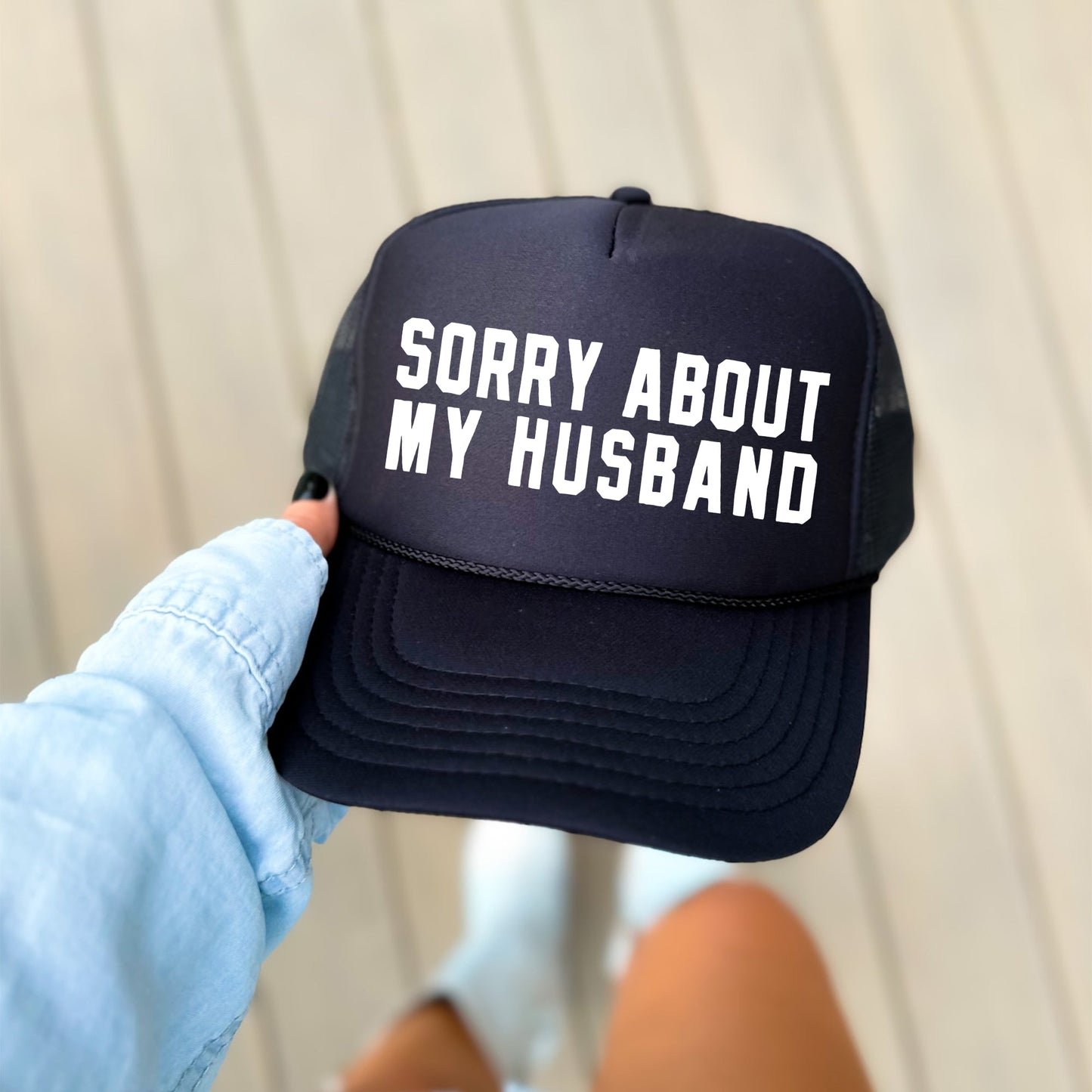 Sorry About My Husband, Sassy, Funny, Black Snapback Trucker Hat