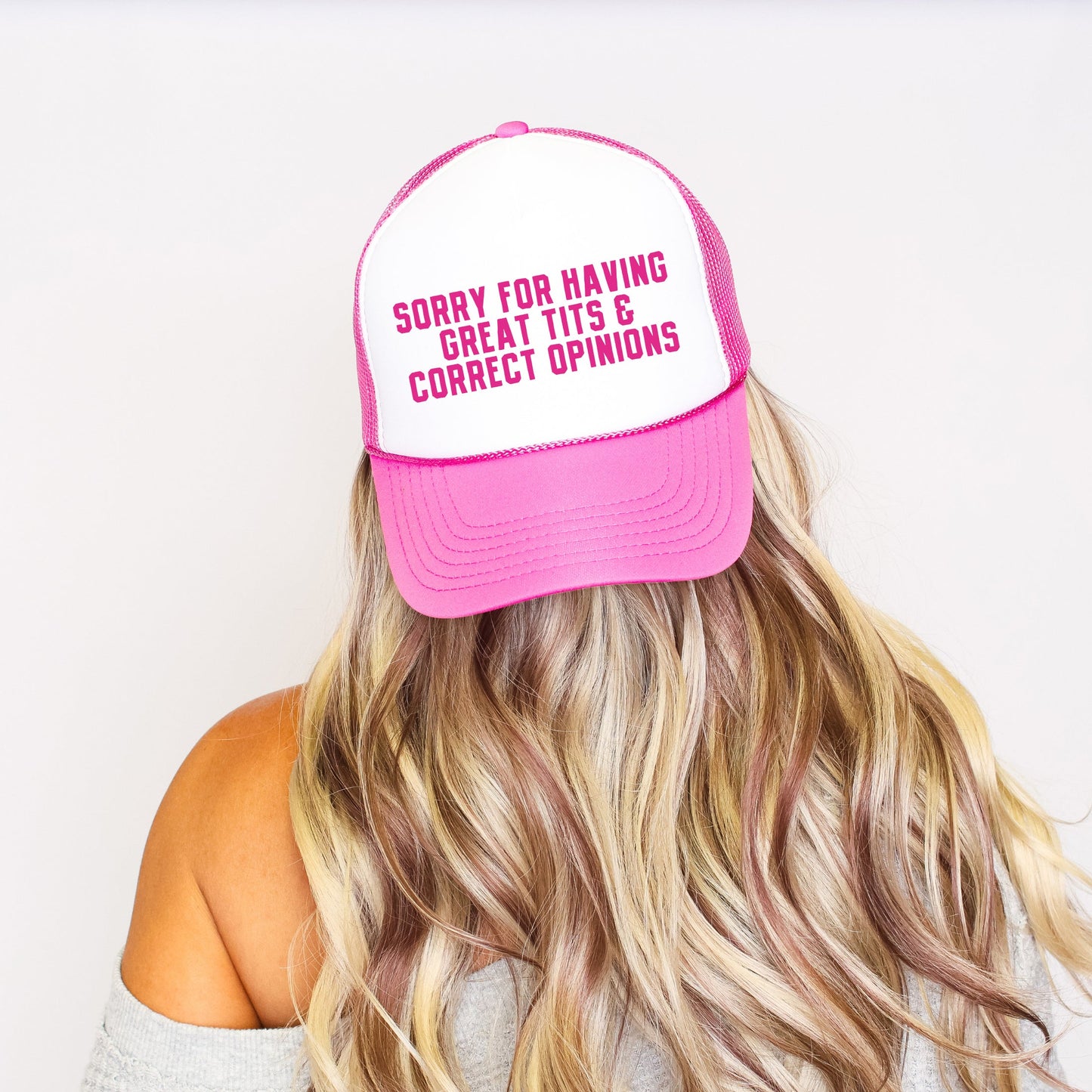 Sorry for Having Great Tits & Correct Opinions, Sassy, Funny, Bright Pink Snapback Trucker Hat
