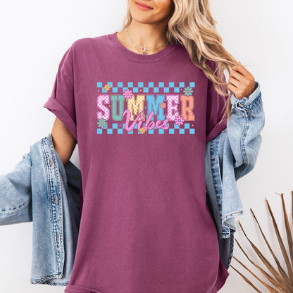 Summer Vibes, Checkered, Retro, Flowers, Floral, Comfort Colors T-Shirt