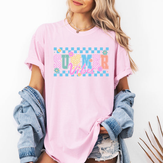 Summer Vibes, Checkered, Retro, Flowers, Floral, Comfort Colors T-Shirt