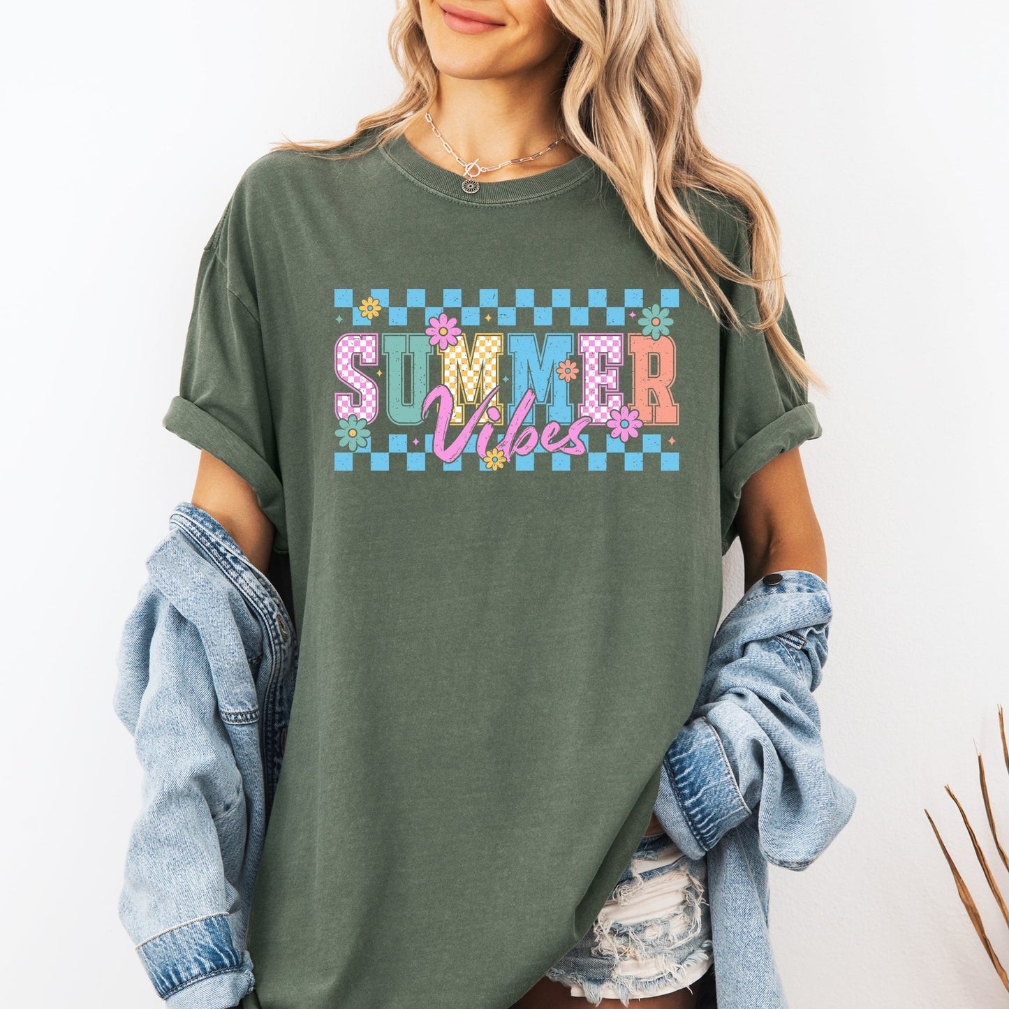Summer Vibes, Checkered, Retro, Flowers, Floral, Comfort Colors T-Shirt