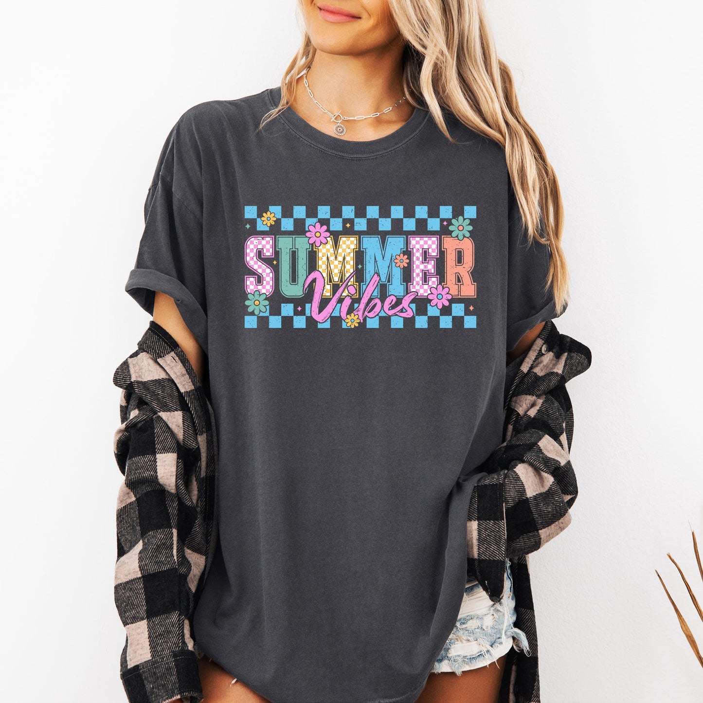 Summer Vibes, Checkered, Retro, Flowers, Floral, Comfort Colors T-Shirt