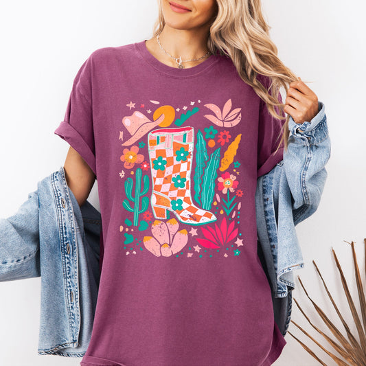 Summer, Retro Cowboy Boot, Cowgirl, Floral, Botanical, Comfort Colors T-Shirt