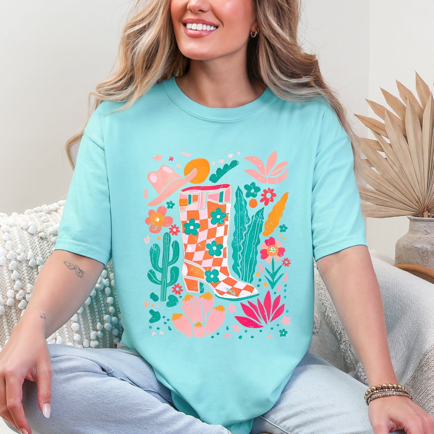 Summer, Retro Cowboy Boot, Cowgirl, Floral, Botanical, Comfort Colors T-Shirt