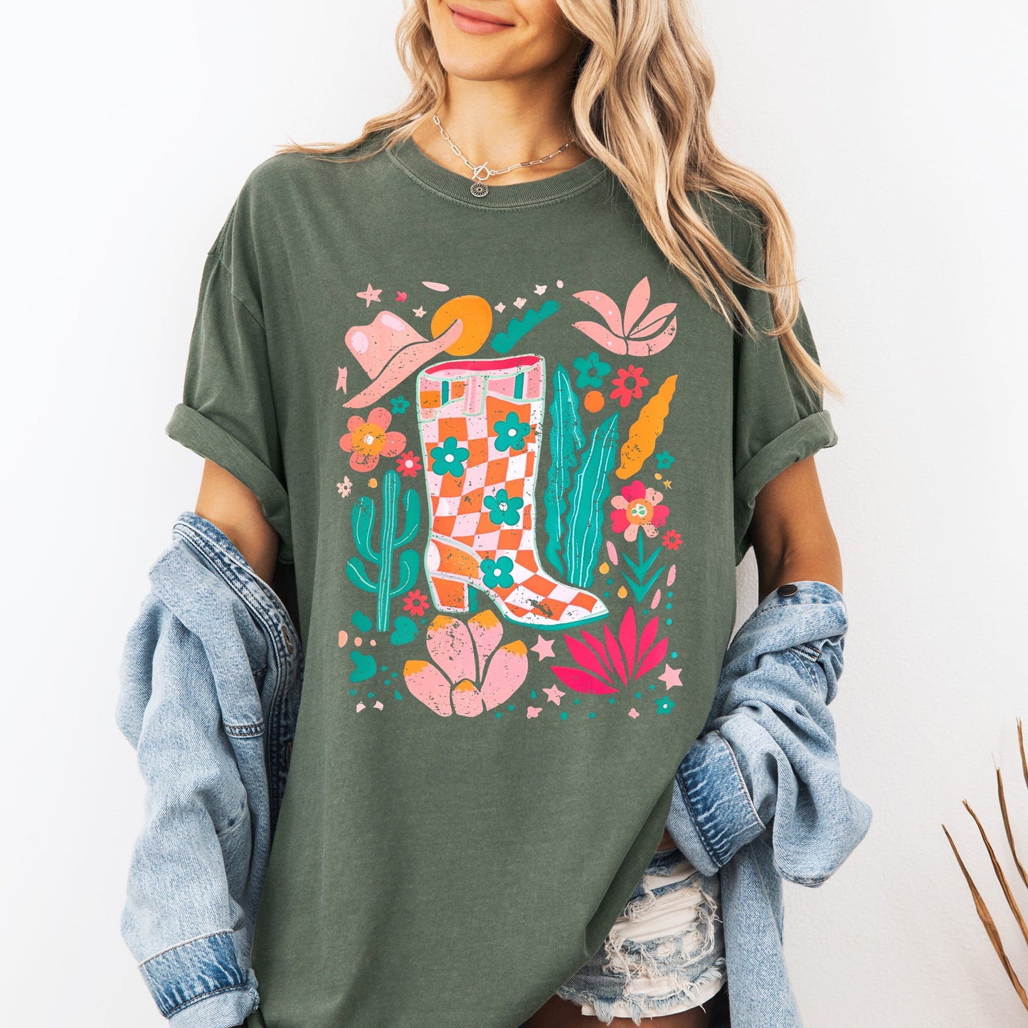 Summer, Retro Cowboy Boot, Cowgirl, Floral, Botanical, Comfort Colors T-Shirt
