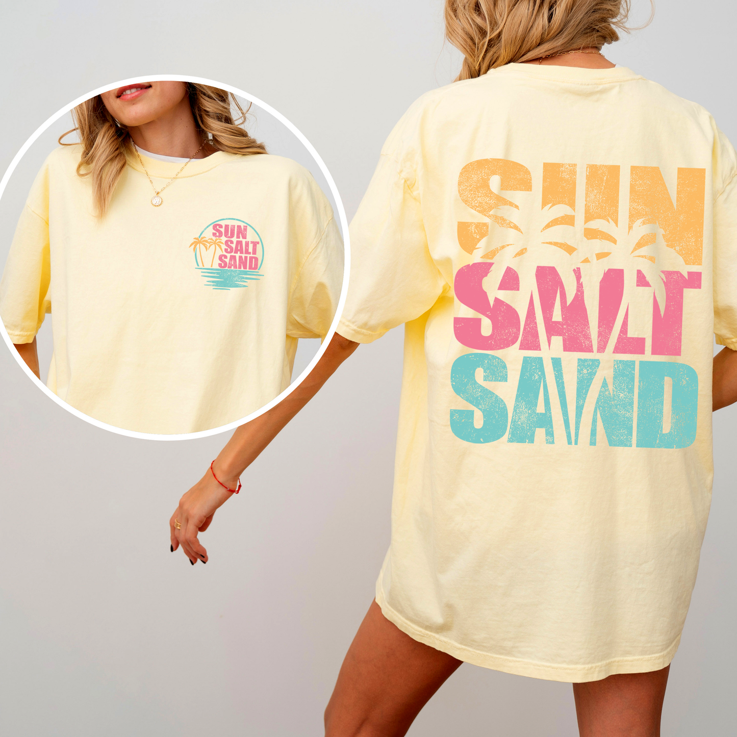 Sun Salt Sand, Palm Trees, Beach, Summer, Front and Back, Comfort Colors T-Shirt