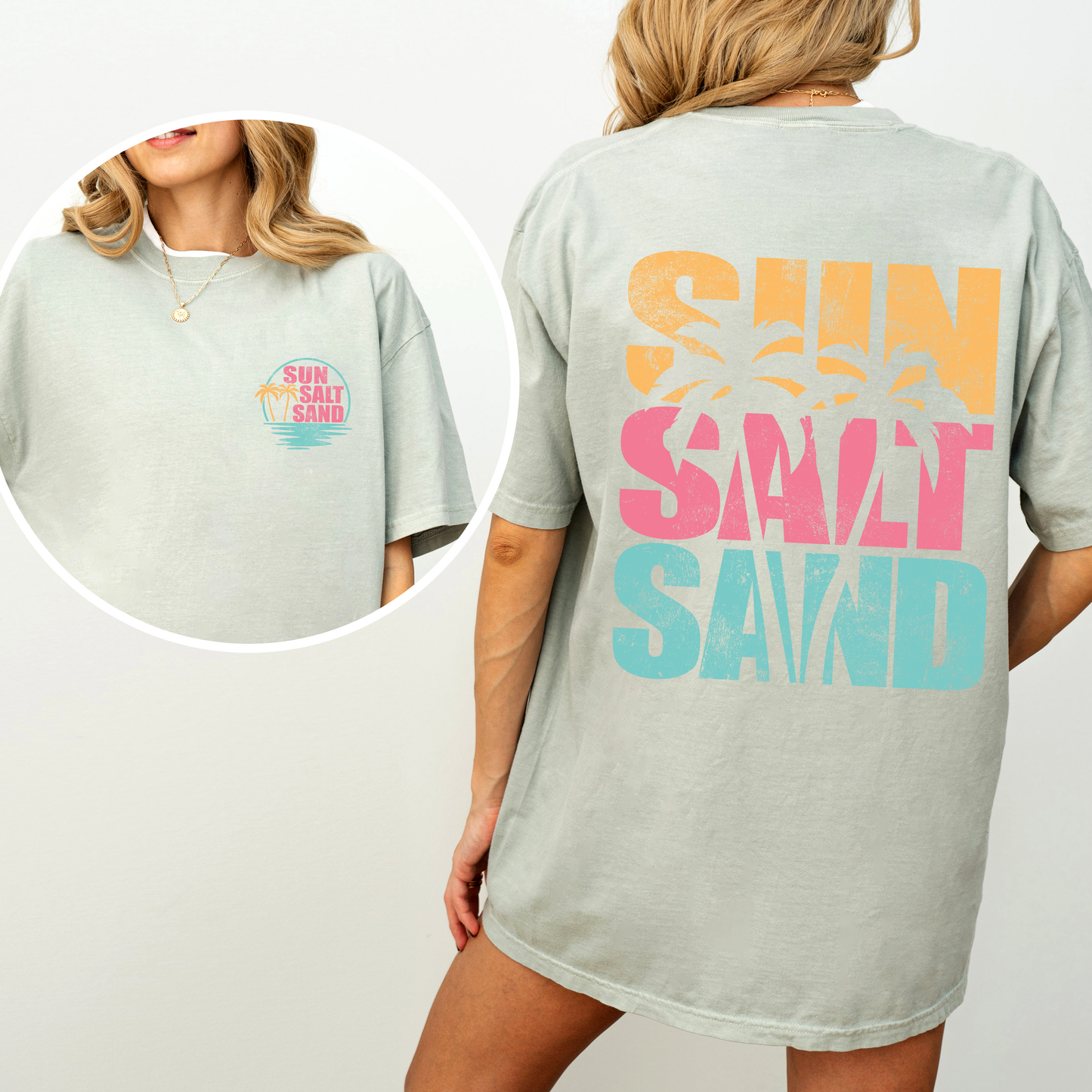 Sun Salt Sand, Palm Trees, Beach, Summer, Front and Back, Comfort Colors T-Shirt