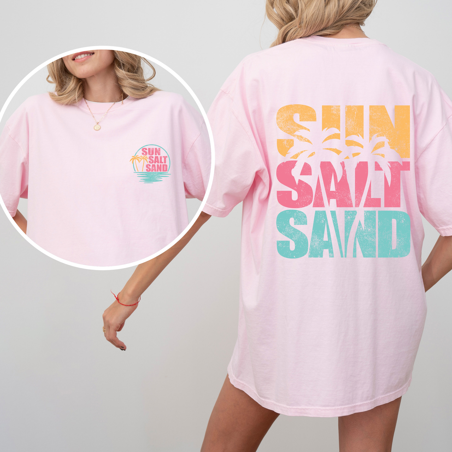 Sun Salt Sand, Palm Trees, Beach, Summer, Front and Back, Comfort Colors T-Shirt