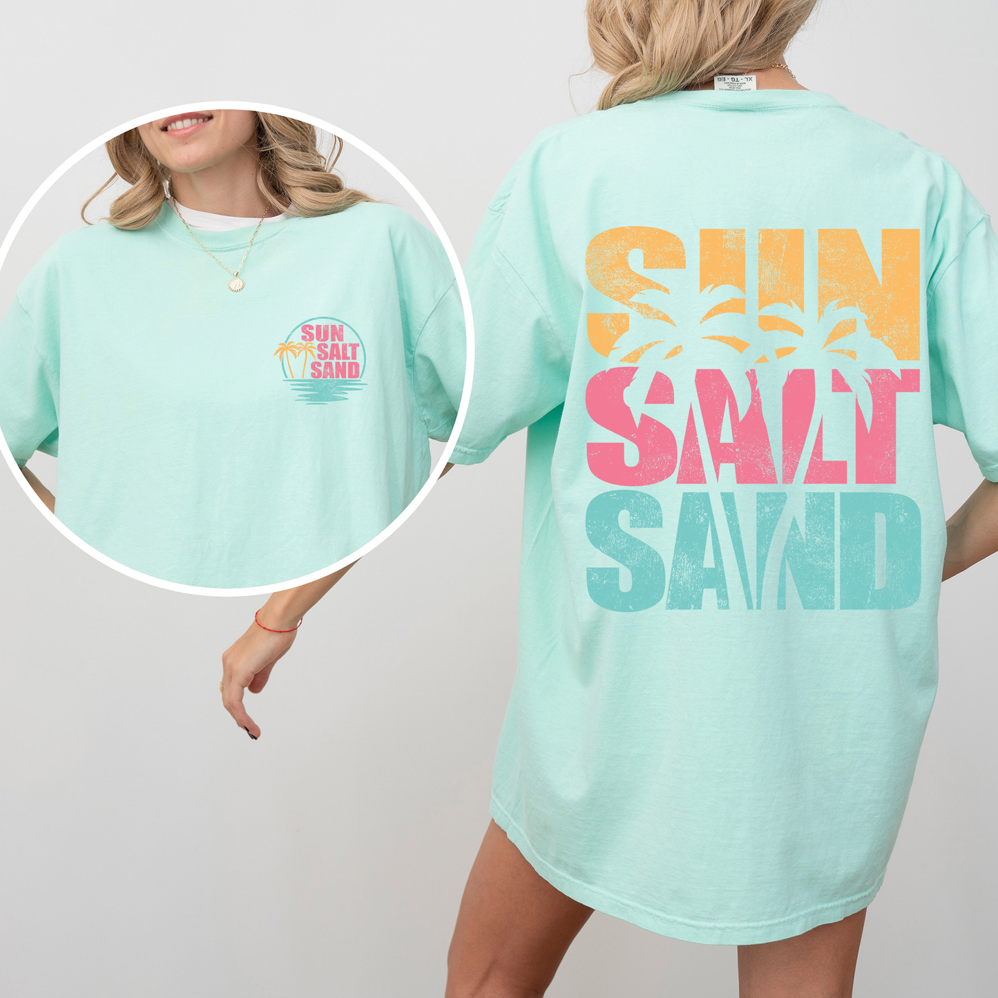 Sun Salt Sand, Palm Trees, Beach, Summer, Front and Back, Comfort Colors T-Shirt