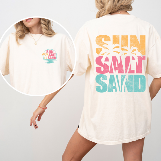 Sun Salt Sand, Palm Trees, Beach, Summer, Front and Back, Comfort Colors T-Shirt