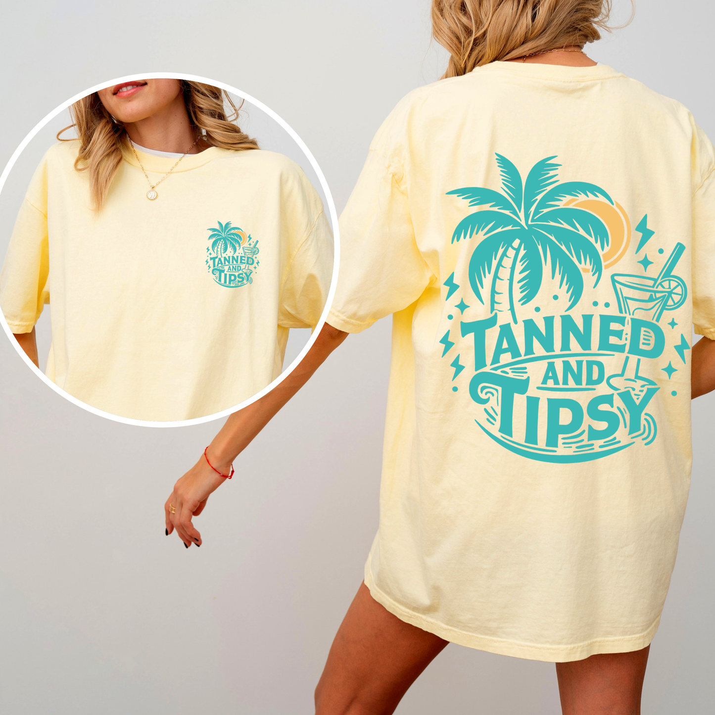 Tanned and Tipsy, Beach Fun, Drinking, Summer, Front and Back, Comfort Colors T-Shirt