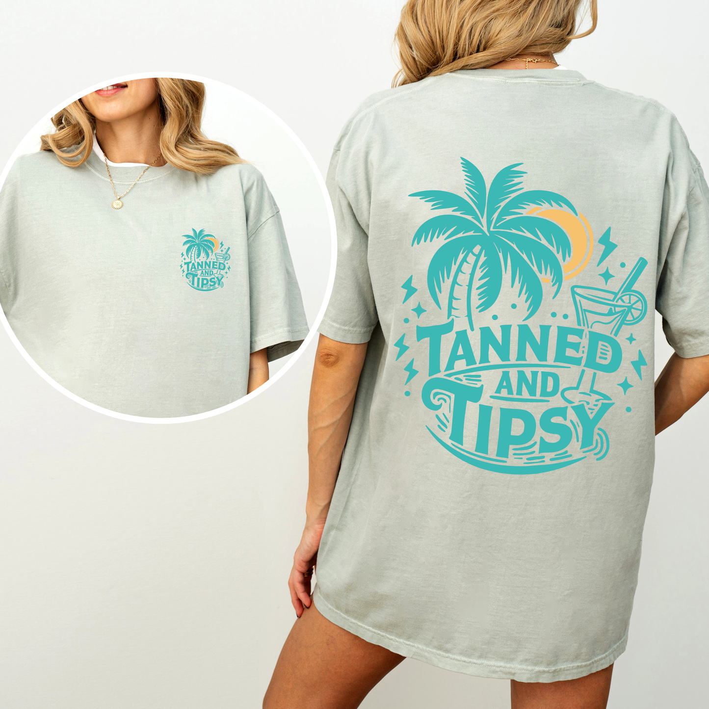 Tanned and Tipsy, Beach Fun, Drinking, Summer, Front and Back, Comfort Colors T-Shirt