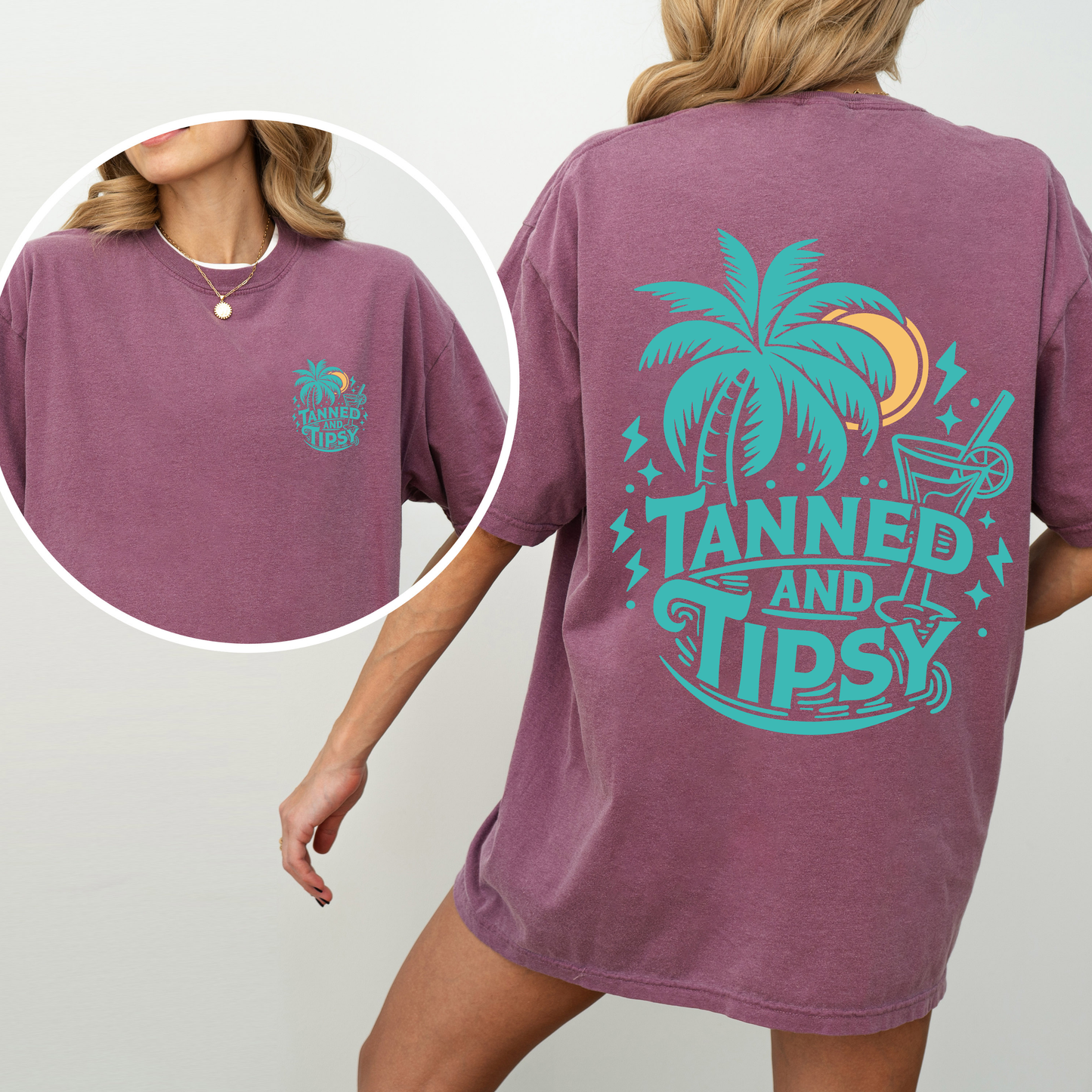 Tanned and Tipsy, Beach Fun, Drinking, Summer, Front and Back, Comfort Colors T-Shirt