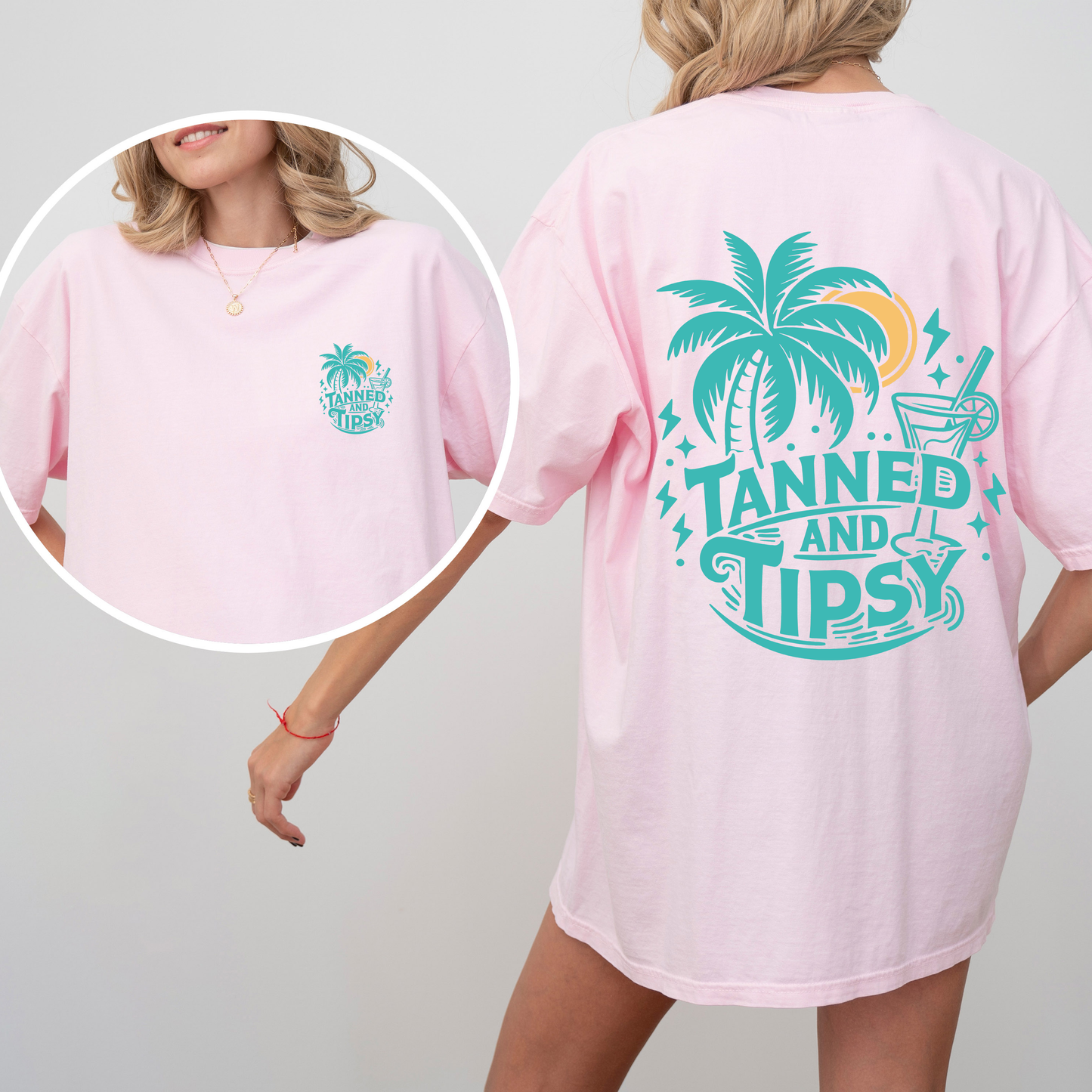 Tanned and Tipsy, Beach Fun, Drinking, Summer, Front and Back, Comfort Colors T-Shirt