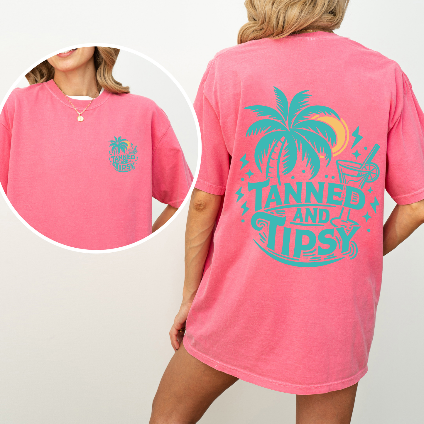 Tanned and Tipsy, Beach Fun, Drinking, Summer, Front and Back, Comfort Colors T-Shirt