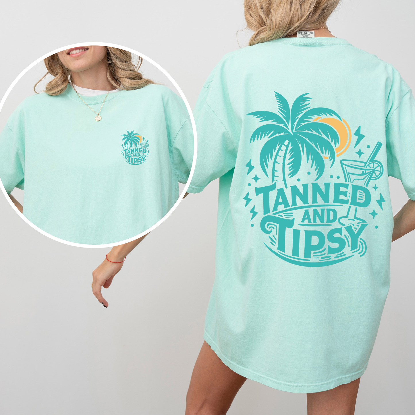 Tanned and Tipsy, Beach Fun, Drinking, Summer, Front and Back, Comfort Colors T-Shirt