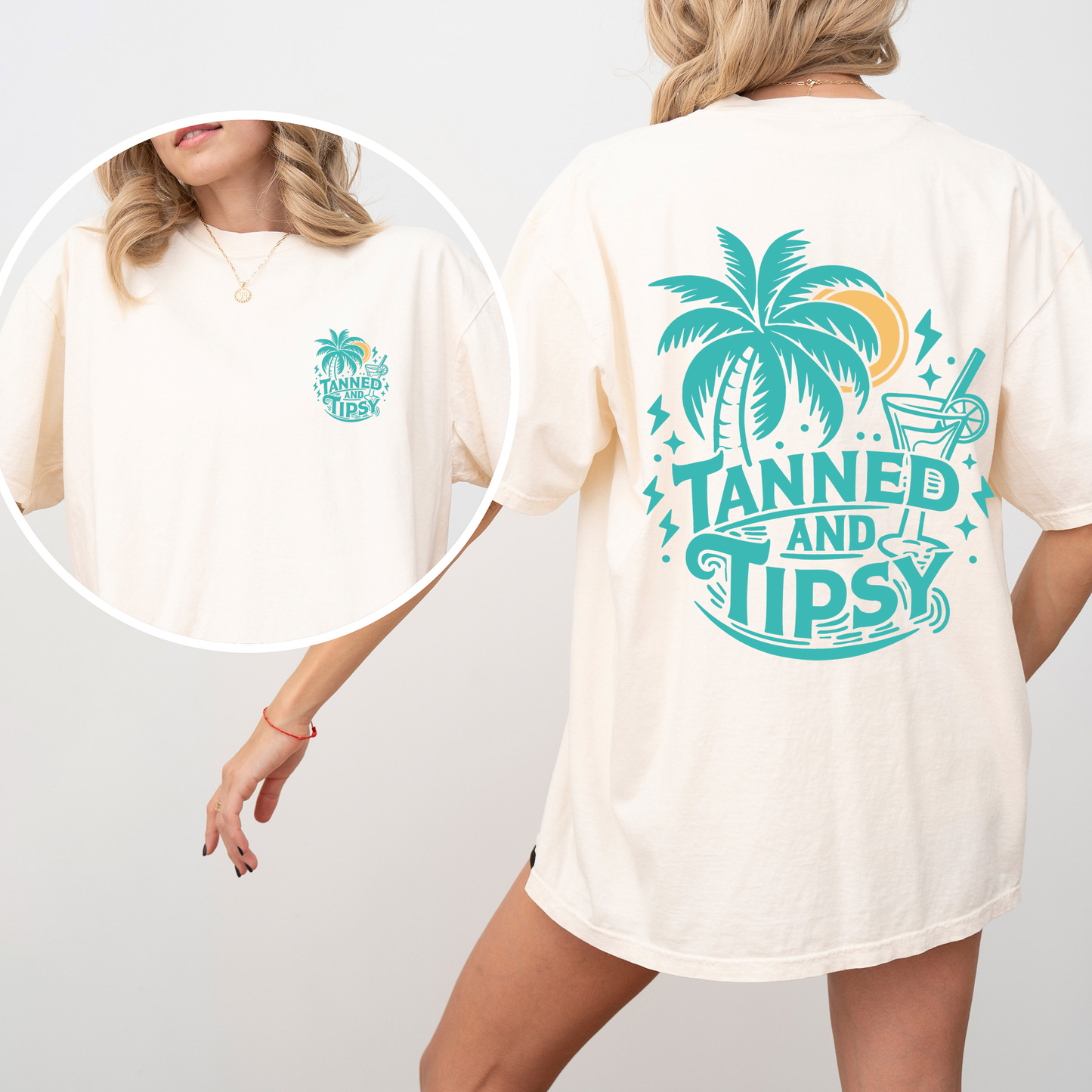 Tanned and Tipsy, Beach Fun, Drinking, Summer, Front and Back, Comfort Colors T-Shirt