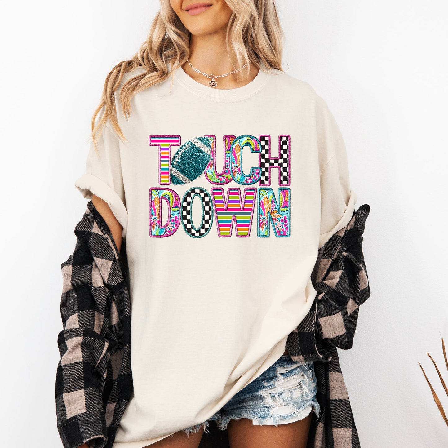 Touchdown, Faux Printed Embroidery Look, Colorful, Girly, Football, Sports, Game Day, Big Game, Tailgate Party Tshirt Comfort Colors T-Shirt