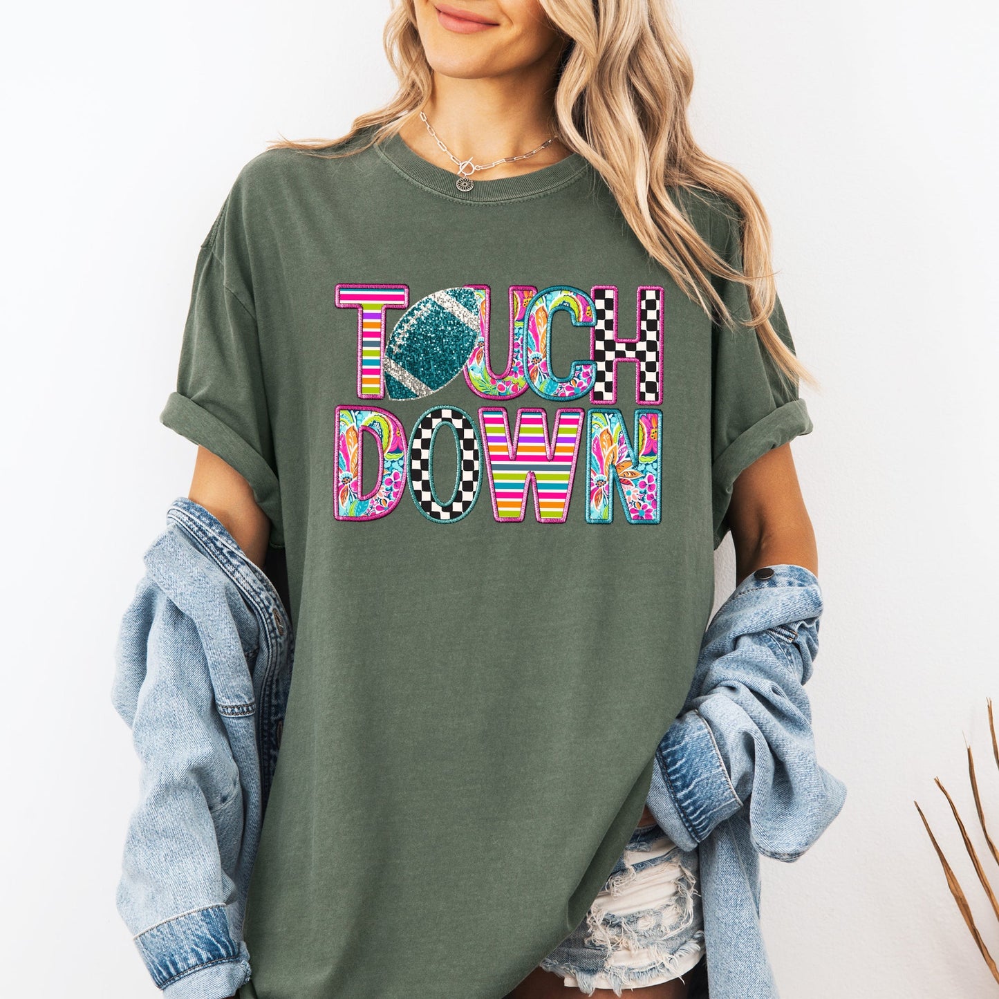 Touchdown, Faux Printed Embroidery Look, Colorful, Girly, Football, Sports, Game Day, Big Game, Tailgate Party Tshirt Comfort Colors T-Shirt