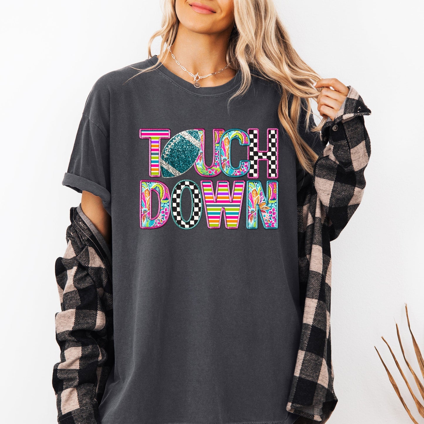 Touchdown, Faux Printed Embroidery Look, Colorful, Girly, Football, Sports, Game Day, Big Game, Tailgate Party Tshirt Comfort Colors T-Shirt