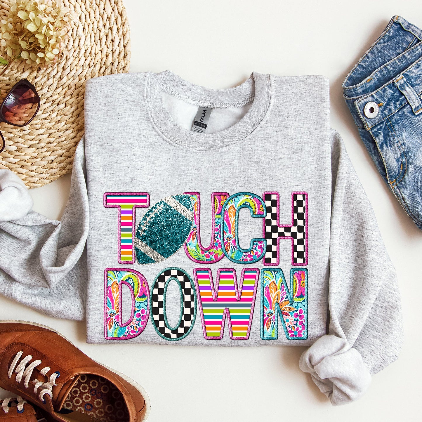 Touchdown, Faux Printed Embroidery Look, Colorful, Girly, Football, Sports, Game Day, Big Game, Tailgate Party Sweatshirt