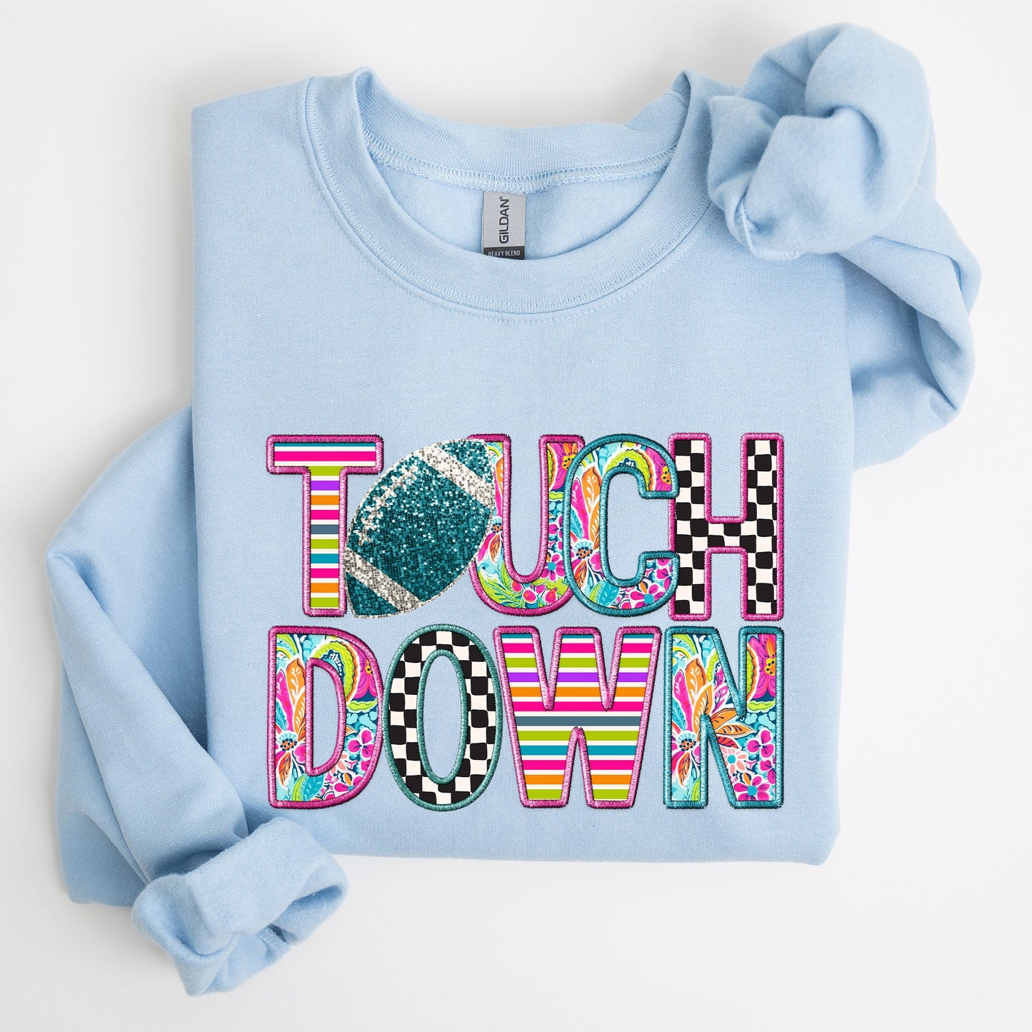 Touchdown, Faux Printed Embroidery Look, Colorful, Girly, Football, Sports, Game Day, Big Game, Tailgate Party Sweatshirt