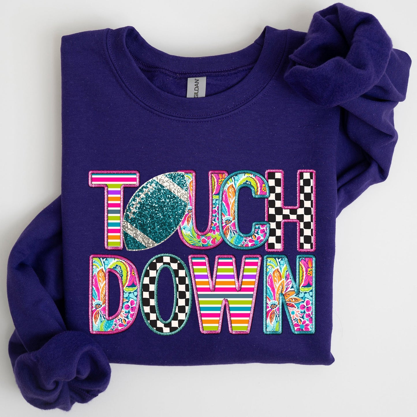 Touchdown, Faux Printed Embroidery Look, Colorful, Girly, Football, Sports, Game Day, Big Game, Tailgate Party Sweatshirt
