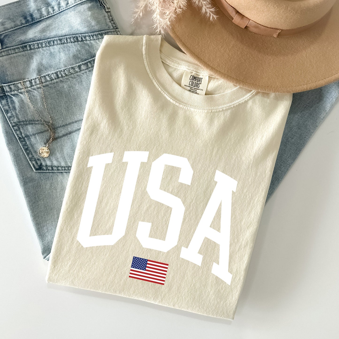 USA Flag, America, Patriotic, White, 4th of July Tshirt Comfort Colors T-Shirt