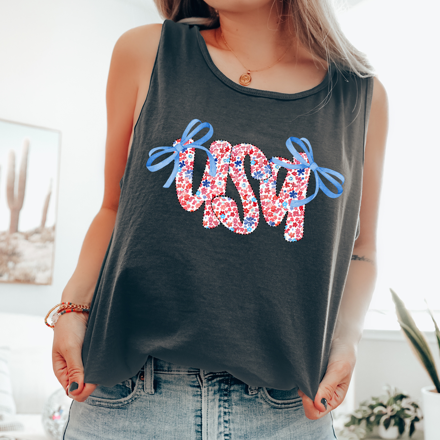 USA Ribbons, Coquette, Fourth of July, America, Patriotic, USA Comfort Colors Tank Top