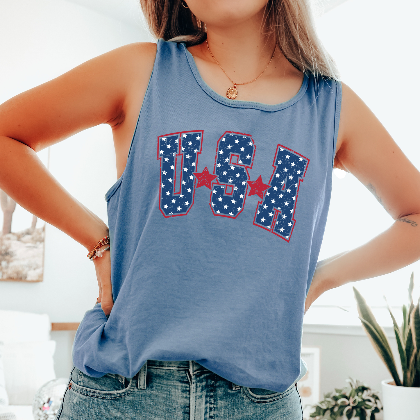 USA Retro Stars, Fourth of July, America, Patriotic, USA Comfort Colors Tank Top