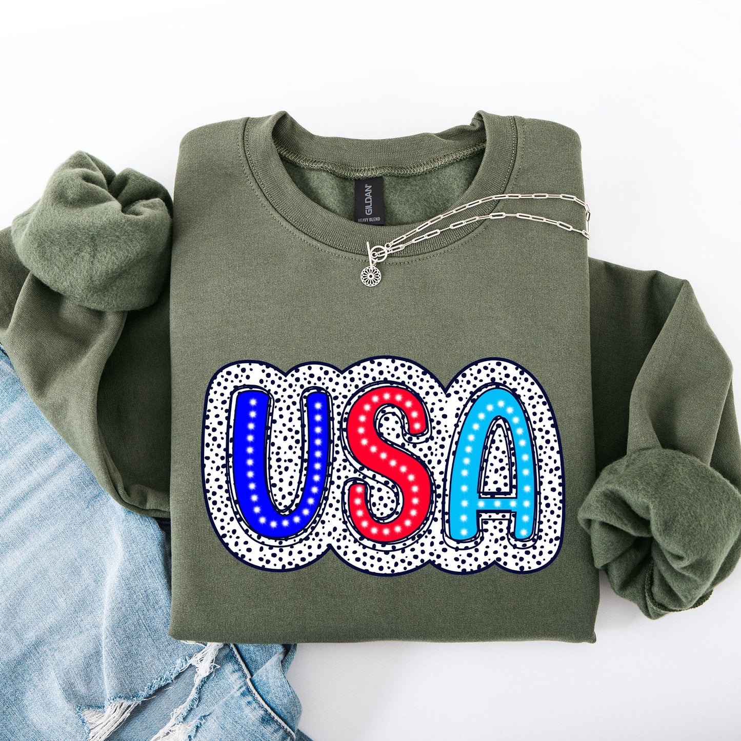 USA, Dalmatian Print, Patriotic, Red, White, Blue, America, 4th of July Sweatshirt