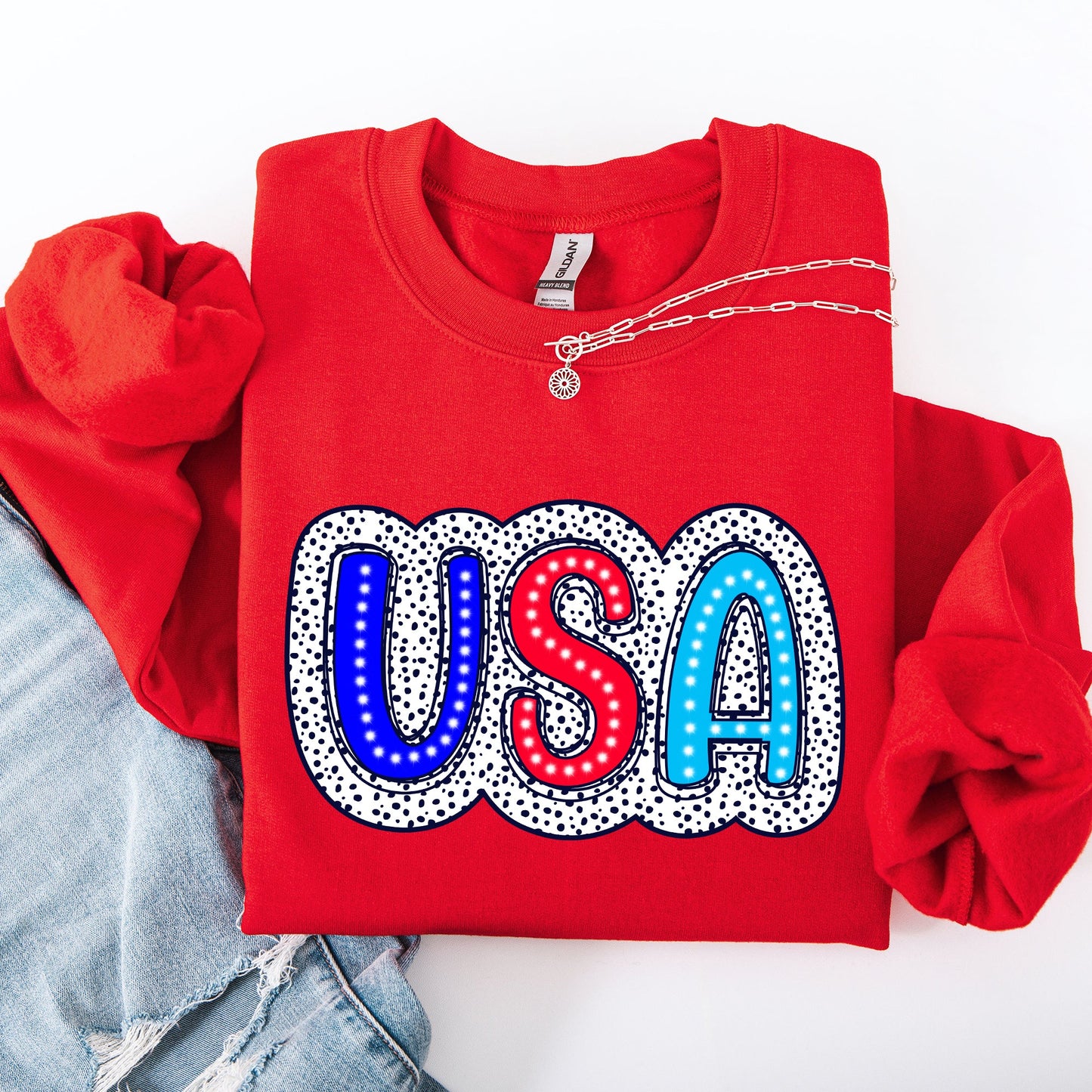 USA, Dalmatian Print, Patriotic, Red, White, Blue, America, 4th of July Sweatshirt