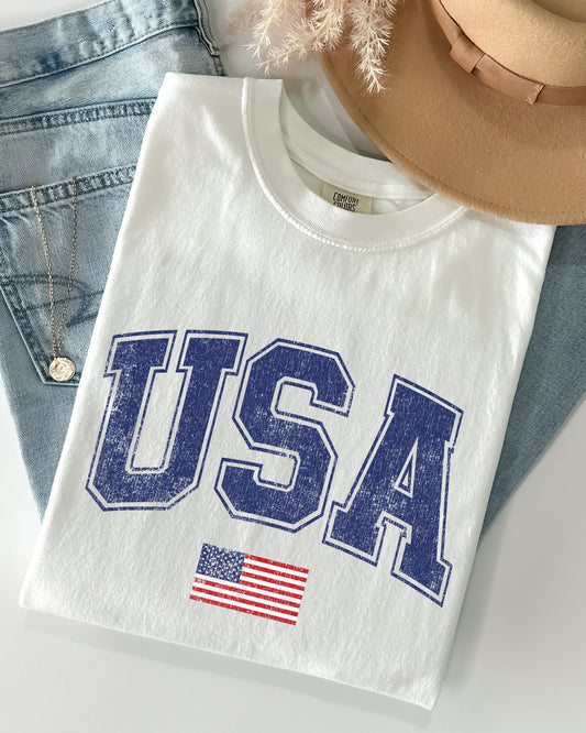 USA, Flag, Collegiate, Varsity, Olympics, Patriotic, Independence Day, Fourth Of July, America Shirt Comfort Colors T-Shirt