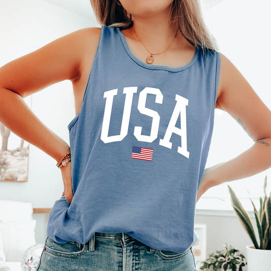 USA, Flag, Varsity, Fourth of July, America, Patriotic, USA Comfort Colors Tank Top