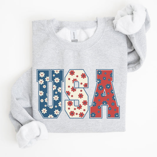 USA, Floral Print, Patriotic, America Flag Sweatshirt
