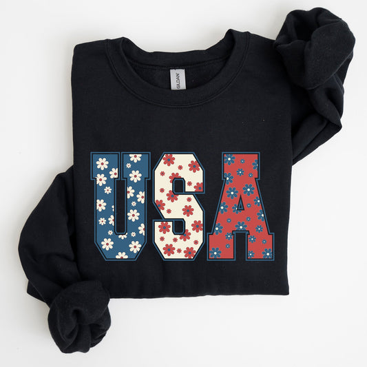 USA, Floral Print, Patriotic, America Flag Sweatshirt