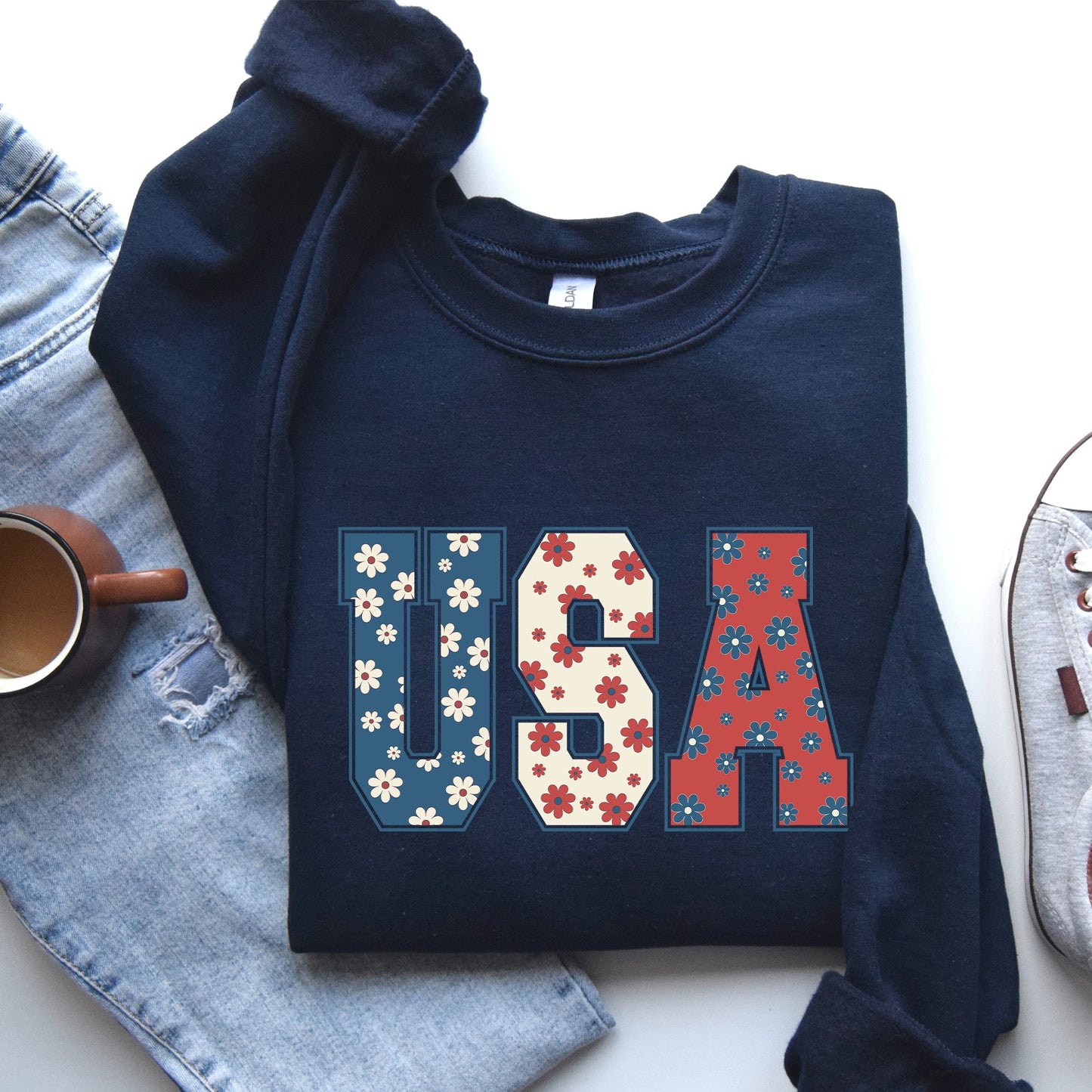 USA, Floral Print, Patriotic, America Flag Sweatshirt