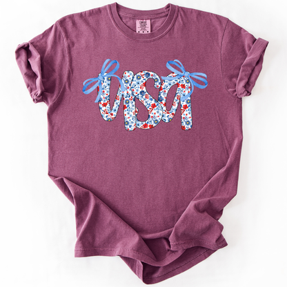 USA, Patriotic Floral Patterns, Ribbons, Fourth of July, America, Comfort Colors T-Shirt