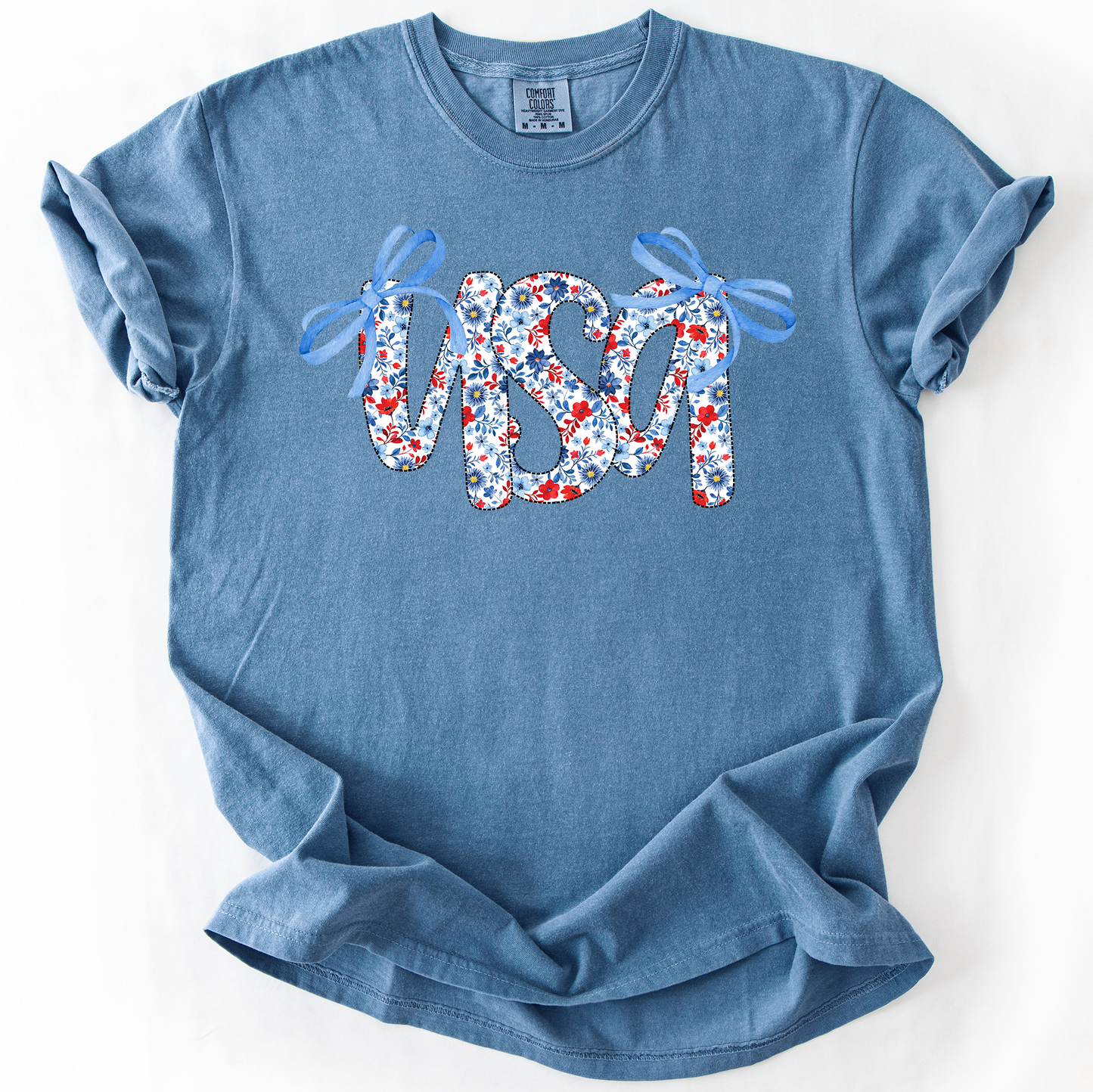 USA, Patriotic Floral Patterns, Ribbons, Fourth of July, America, Comfort Colors T-Shirt