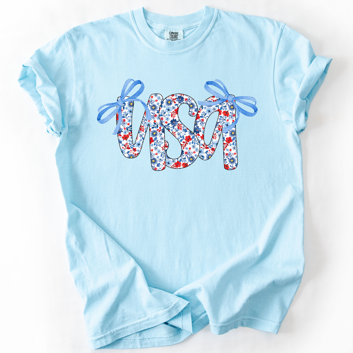 USA, Patriotic Floral Patterns, Ribbons, Fourth of July, America, Comfort Colors T-Shirt